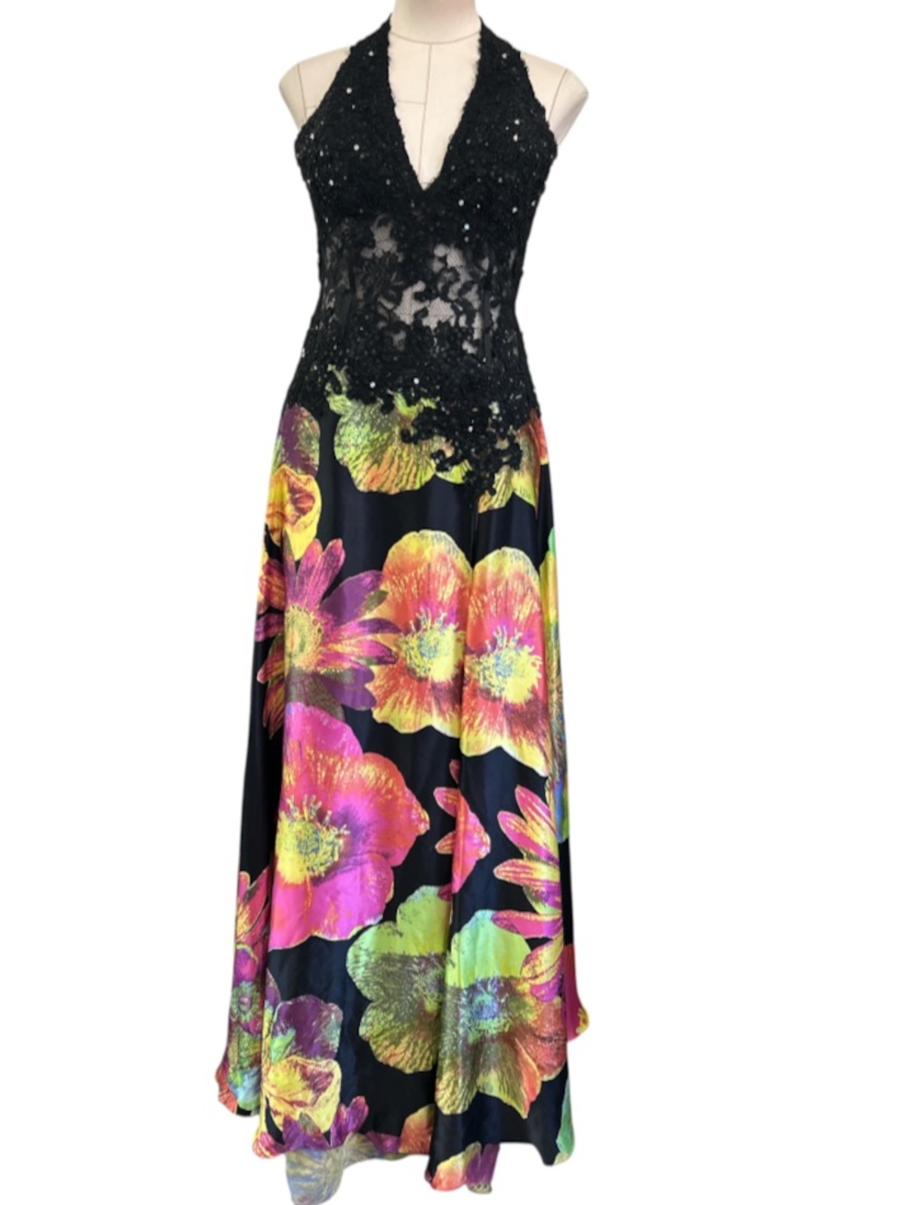 90’s Jovani silk floral embroidered sequin lace halter gown / multicolored small